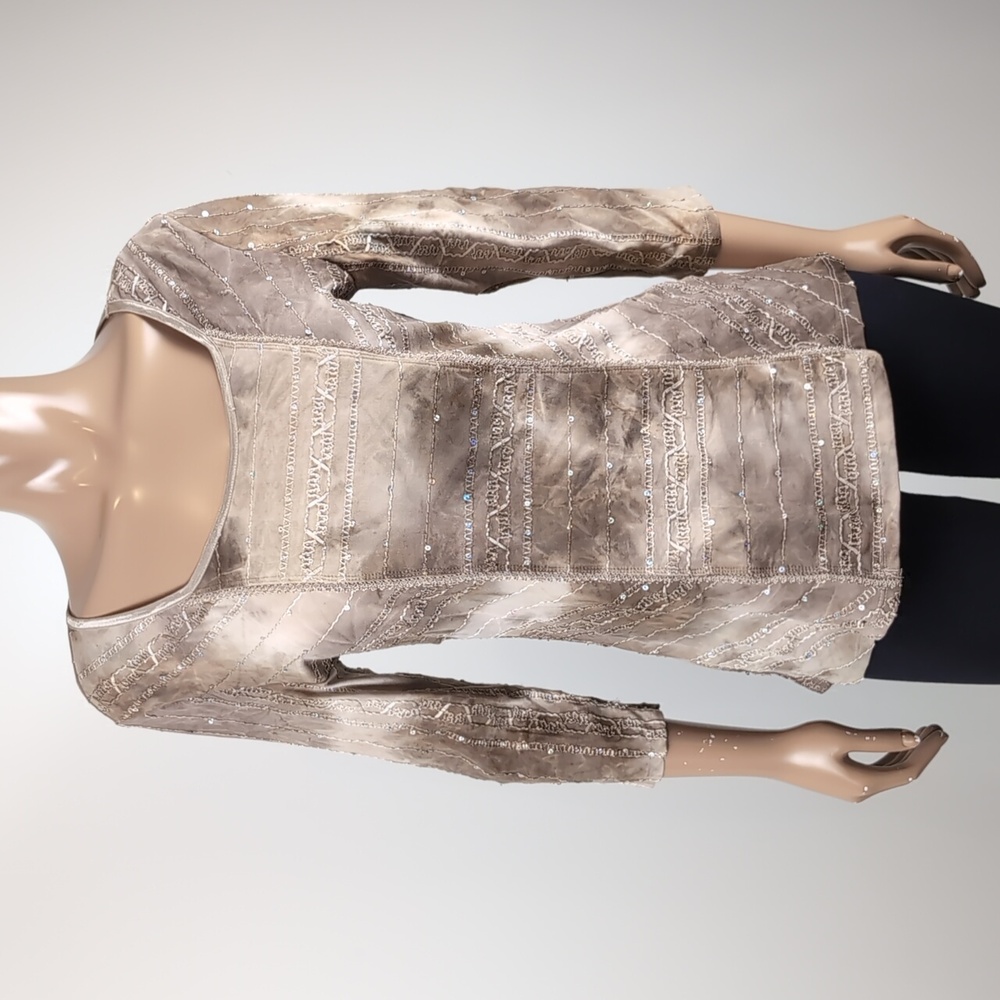 Nycal Tie Dye Blouse Sequin Embellished Mocha Scoop Neck 3/4 Sleeve Top